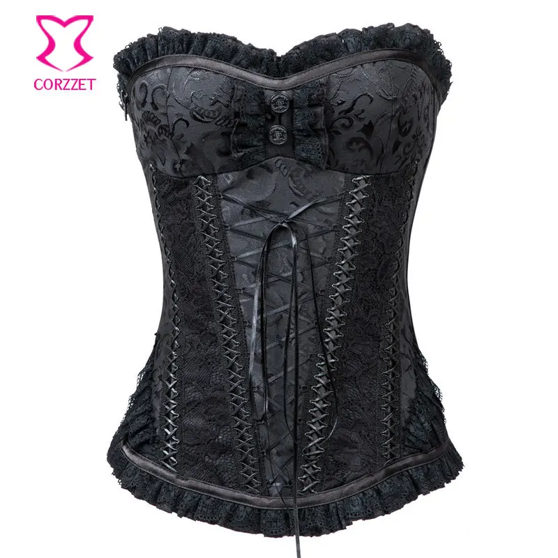 

Black Steel Boned Overbust Gothic Corset Zipper Waist Trainer Espartilhos E Corpetes Steampunk Corsets and Bustiers Sexy Korset