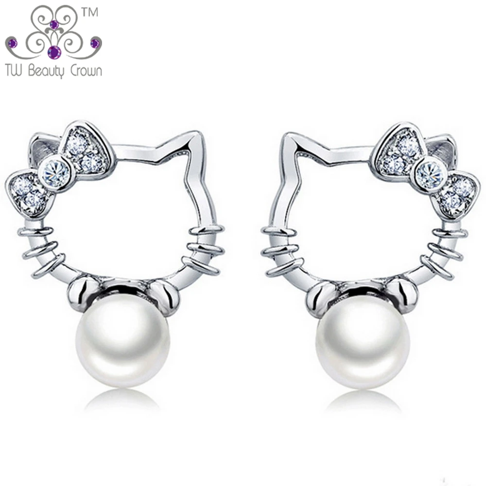 Настоящее серебро 925 пробы, милый пресноводный жемчуг, Привет кошечка, серьги со шпилькой, для молодых девушек, девочек, детей, модные ювелирные изделия