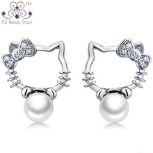 Настоящее серебро 925 пробы, милый пресноводный жемчуг, Привет кошечка, серьги со шпилькой, для молодых девушек, девочек, детей, модные ювелирные изделия