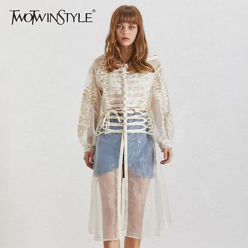 

TWOTWINSTYLE Summer Casual Embroidery Patchwork Women Windbreaker Hooded Long Sleeve Button Perspective Coat Female Fashion 2019