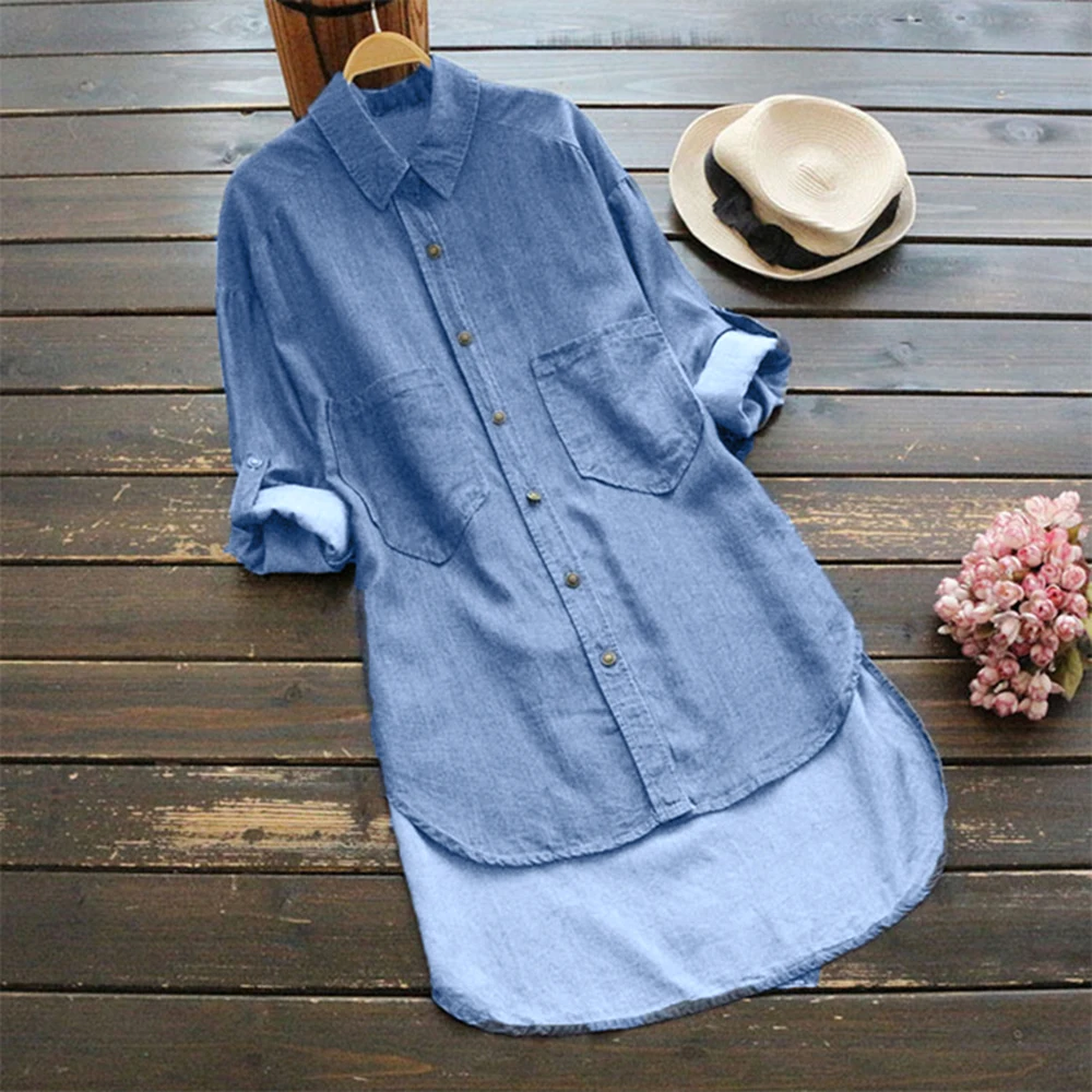 

Women Shirt Casual Loose Long Sleeve Denim Blouse Shirts Women Irregular Tops Spring Autumn Washed Jean Blouse Plus Size 5XL H30