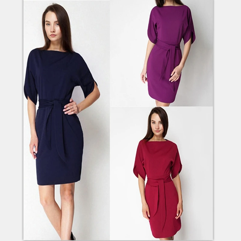 

2019 New Summer Women Dress Casual Half Sleeve O-Neck Fashion Sashes Straight Dress Red Navy Blue Office Ladies Dresses Vestidos