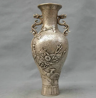 

huij 007141 12'' China Silver Bronze Vase Carve Peacock Dragon Bronze Statue