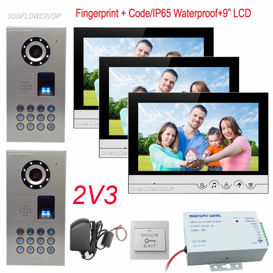 

IP65 Waterproof Video Doorbell Keypad Fingerprint Unlock Home Video Doorman Video Intercom Video Door With 9" Color Monitors 2v3