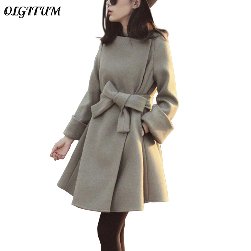 OLGITUM горячая Распродажа Женское шерстяное пальто длинное платье с оборками шерстяное пальто с О-образным вырезом тонкая верхняя одежда А-силуэта с поясом 2 цвета
