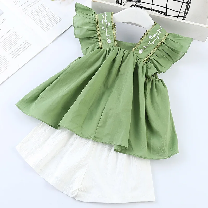 

Girls Suits 2019 Summer Style Kids Beautiful Floral Flower Sleeve Children V-neck Clothing White Shorts Suit 2Pcs Clothes 2-6Y