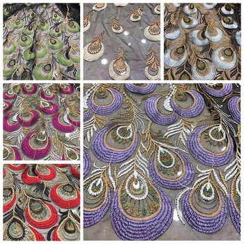 

LASUI new 1 yard/1 lot 6 colors exquisite Peacock feather embroidery mesh lace fabric DIY fashion dress X0338