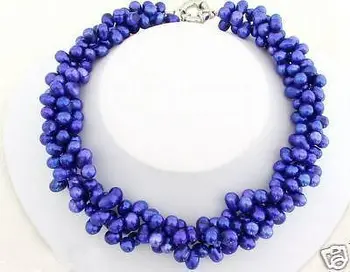 

FREE shipping> >>>>3rows saltwater Brightness Blue pearl necklace 16"aaa++