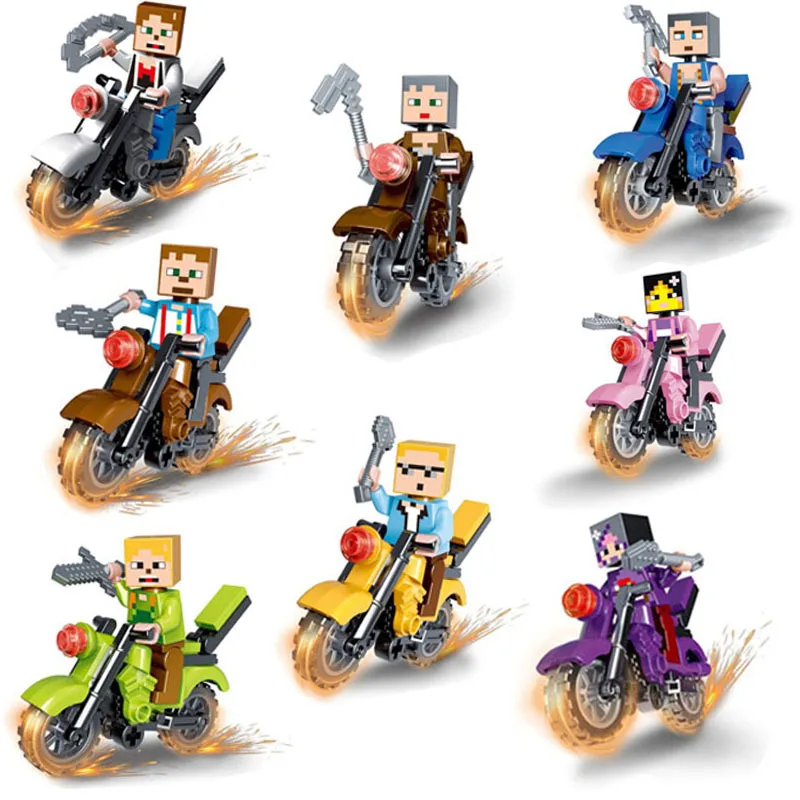

8pcs/set Legoings Minecrafted Steve Equipped With Motorcycle Weapons Building Blocks Game Minecrafted Figure Zombie Steve Toy