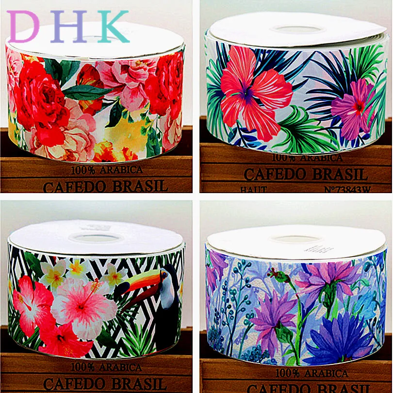 

DHK 3'' Free Shipping Flowers Bird Printed Grosgrain Ribbon Accessory Material Headwear DIY Decoration 75mm S779