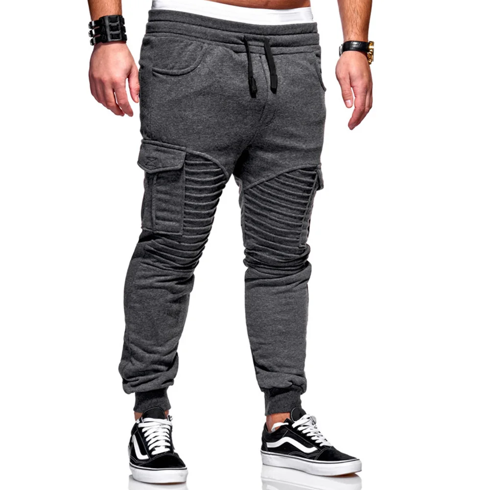 Популярные мужские тренировочные фитнес Лоскутные штаны со складками эластичные облегающие спортивные длинные брюки 19ING