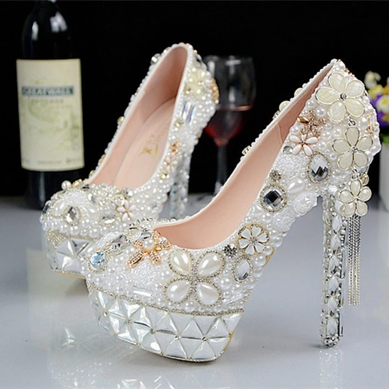 Princess pearl rhinestone wedding shoes stiletto platform crystal flower bridal shoes bridesmaid shoes