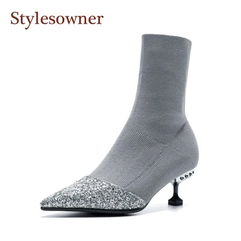 

Stylesowner Silver Glitter Sequins Pointed Toe Woman Sock Boots Wool Knitting Back Diamond Decor Autumn Hot Selling Boots Shoe