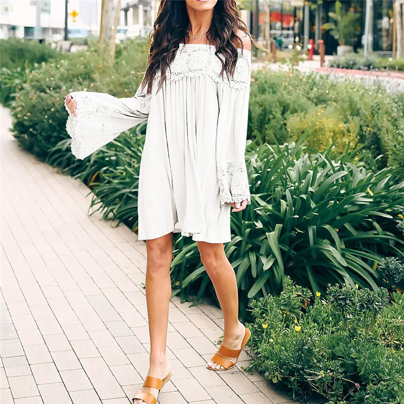 Весеннее женское сексуальное платье с открытыми плечами кружевное свободное