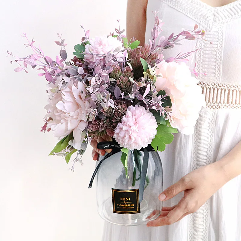 Розовый Фуксия Чародейка Гортензия Пион цветок букет имитация поддельный шелк пластик эмаль серый украшение для стеклянной вазы цветочный