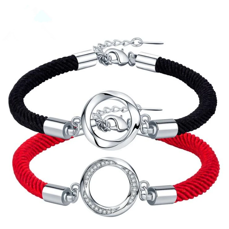 

New Charm 925 Silver Bracelets For Women Shiny Zircon Simple Round Pendant Black Red Rope Lovers Bangles Girl Engagement Jewelry