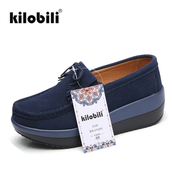 

kilobili 2018 Spring women flat platform shoes suede leather lace up ladies moccasins female sneakers footwear creepers women