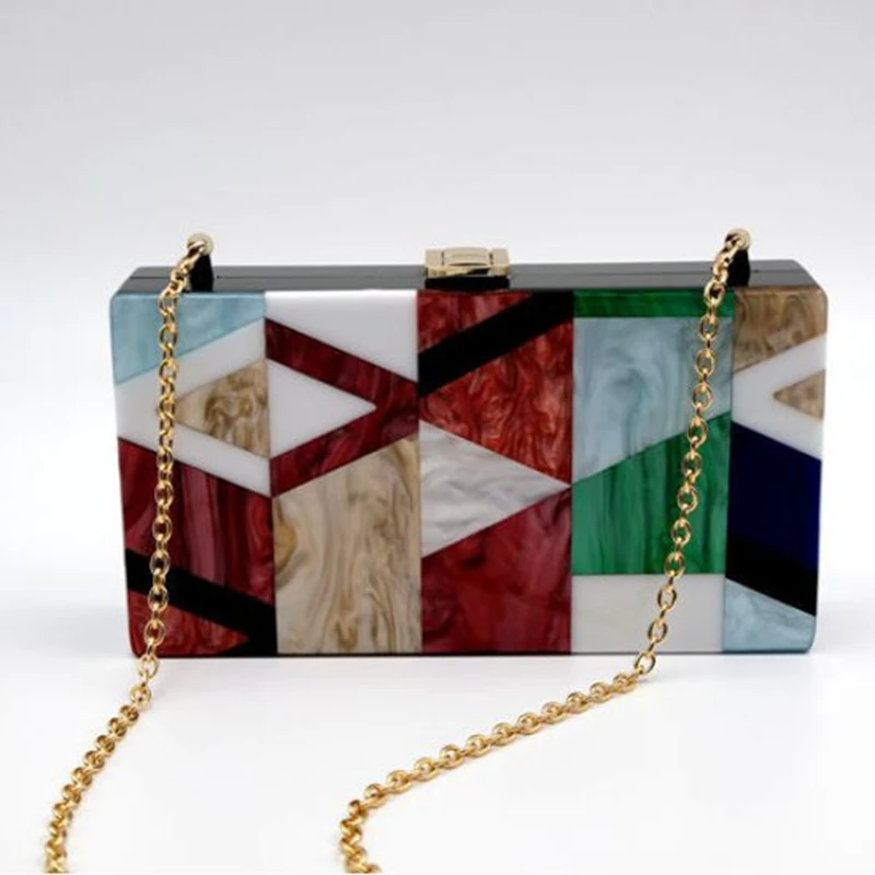 

Women Summer Unique Acrylic Geometric Lattice Patchwork Handbag Small Party Clutch Bag Women Messenger Bag Lad Evening Bag