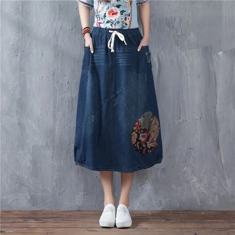Cotton skirts women casual A line mid calf empire elastic waist skirts plus size summer spring