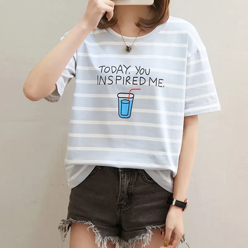 

2019 New Cartoon Print T Shirt Women Fashion Striped T Shirt Short Sleeve O-Neck t shirts Summer Casual Loose Tee Tops