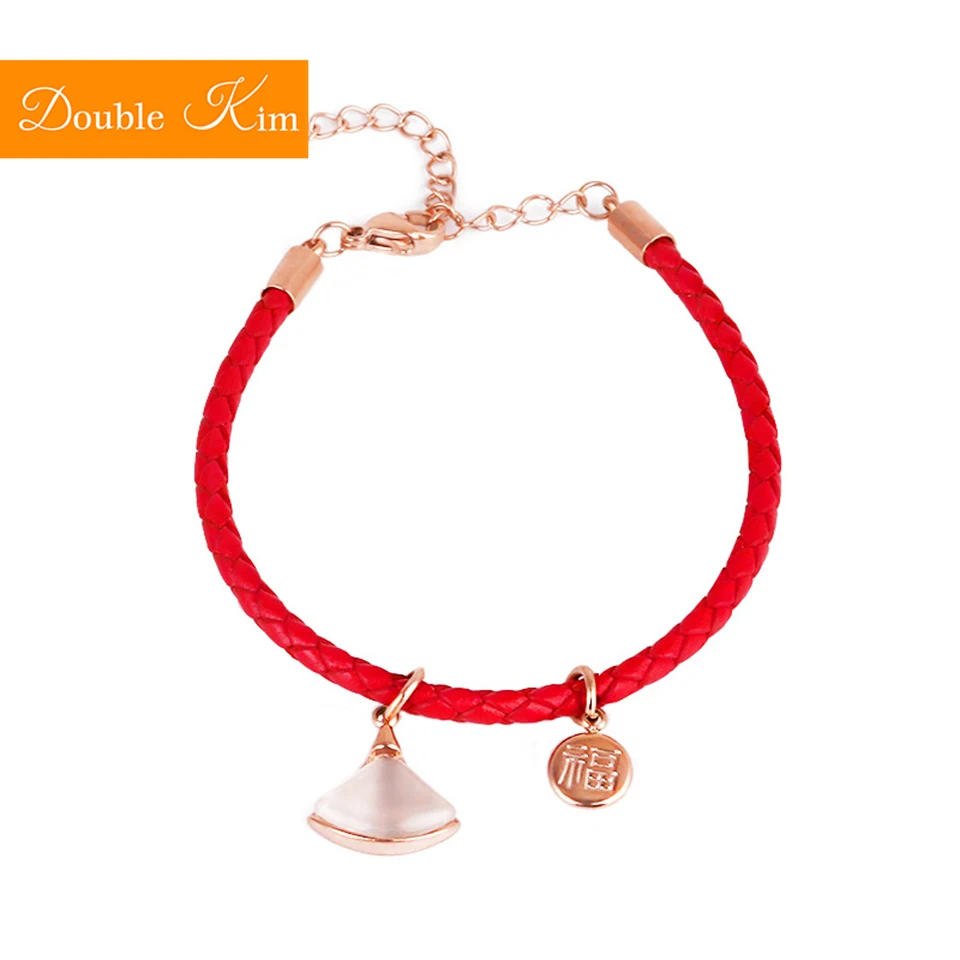 

Shell Fanshaped Red Leather Bracelet Lovely Kawaii Style Titanium Steel Material Rose Gold Color Fashion Bracelets Women Jewelry