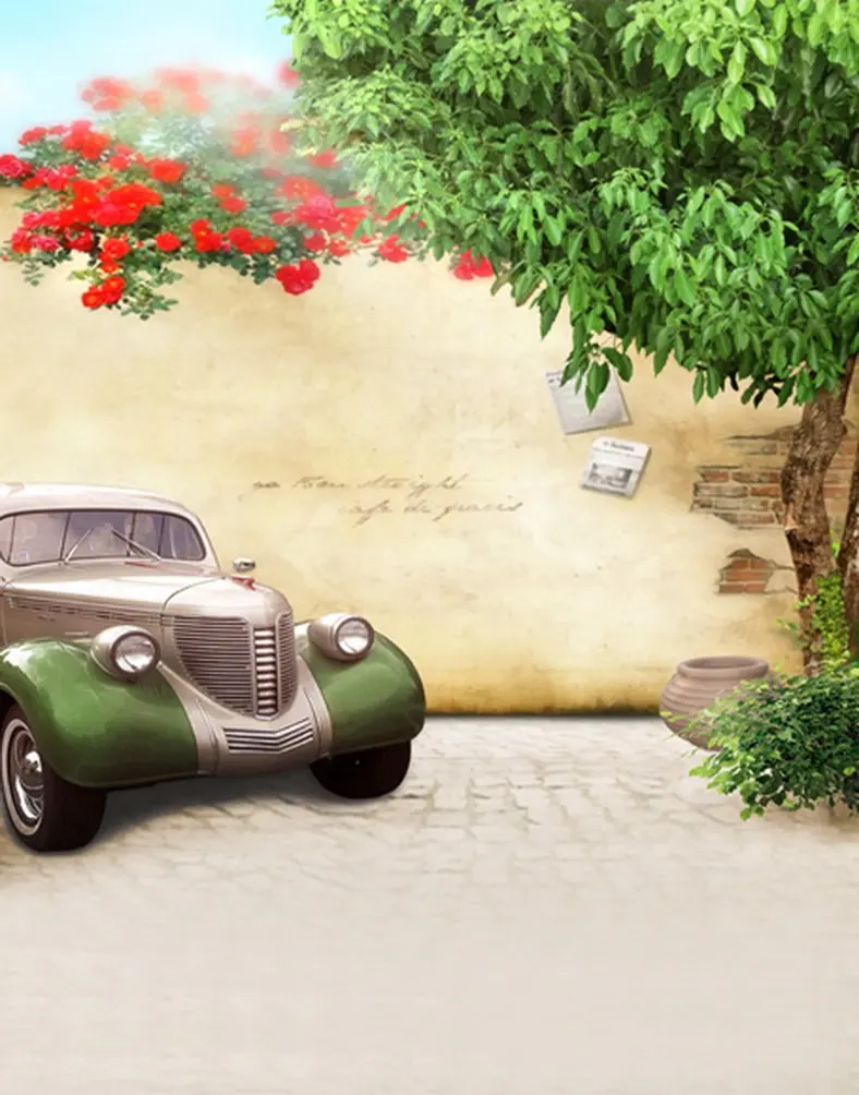 

Stone Floor Red Flower Tree Car Photography Backdrops Photo Props Studio Background 5x7ft