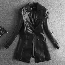 Женская куртка из искусственной кожи с длинным рукавом, однотонная, с отложным воротником, на одной пуговице, тонкая, стандартной толщины, с карманами для офиса