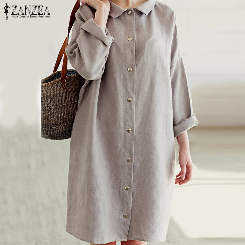 Offerte ZANZEA Loose Women Casual Lunghezza Del Ginocchio Del Vestito 2017 Autunno Vintage Peter Pan Collare Maniche Lunghe In Cotone Abiti Abiti di Grandi Dimensioni