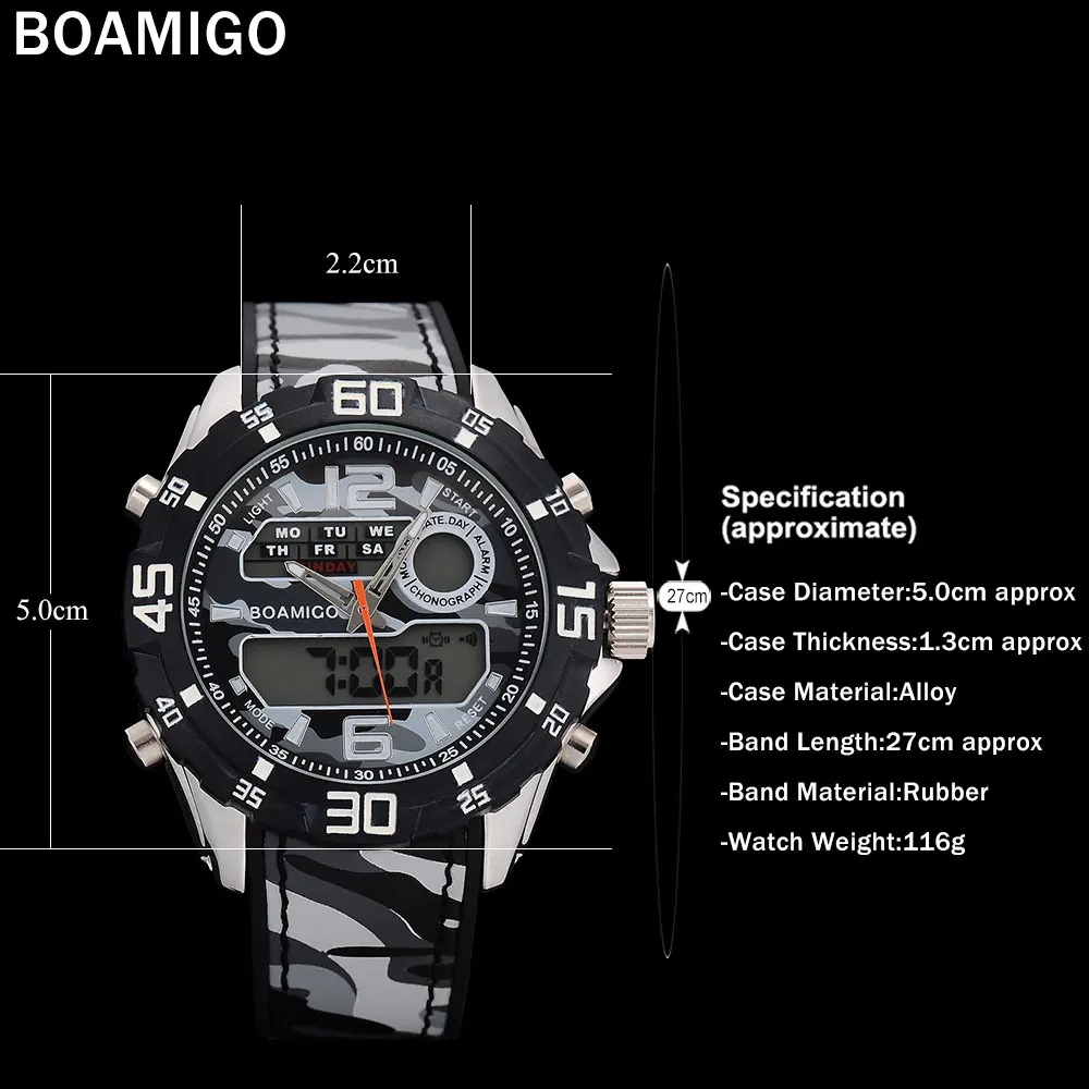 BOAMIGO Brand Men Watches Multiple Time Zone Sport Watch Rubber Band Gray Digital Analog LED Wristwatch Waterproof Reloj Hombre (5)