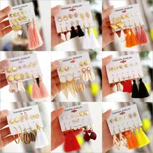 6 пар/уп. кисточкой Стад Комплект сережек для женщин девушка богемный корпус геометрический Золотой цветок длинные серьги женские свадебные ювелирные изделия