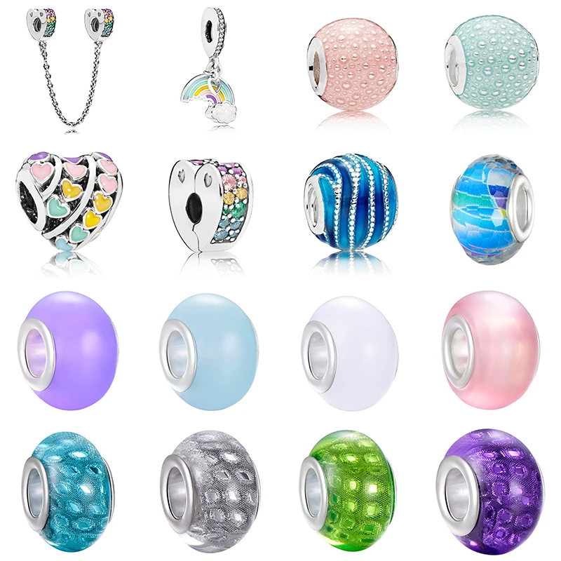 

CUTEECO Silver Plated Sweet Romantic Rainbow Heart Charm Beads Fit Original Pandora Bracelets Pendant Women Jewelry Accessories