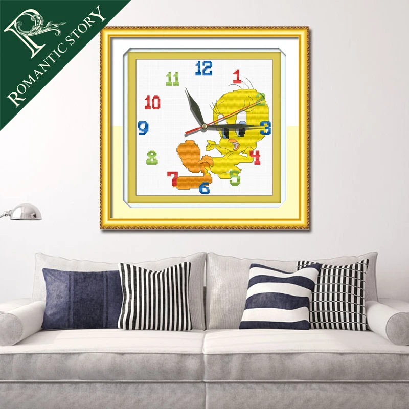 

Romantic Story Cross Stitch Kit Yellow Duck Printings Wall Clock Stitching Embroidery DIY Handmade Needlework 0001