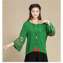 KYQIAO camisa feminina женские Топы Женская Осенняя Мехико стиль Этническая с расклешенными рукавами зеленый черный красный Вышивка Футболка Топ