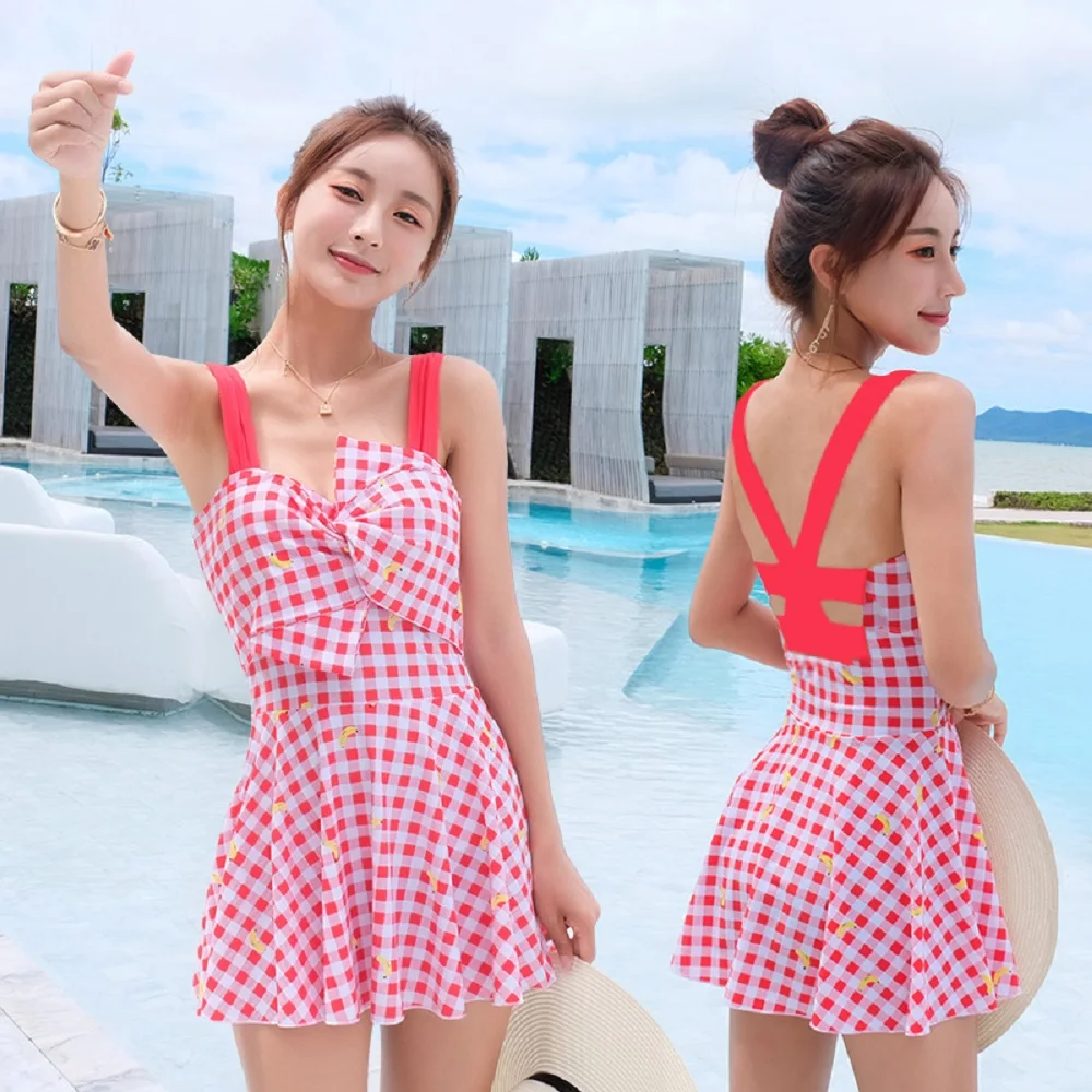 

YOUYOU 2018 New One Piece Swimwear Red PlaId Skirt Bathing Suit Sexy Swimming Dress Women Underwire Swimsuit Beachwear Biquini