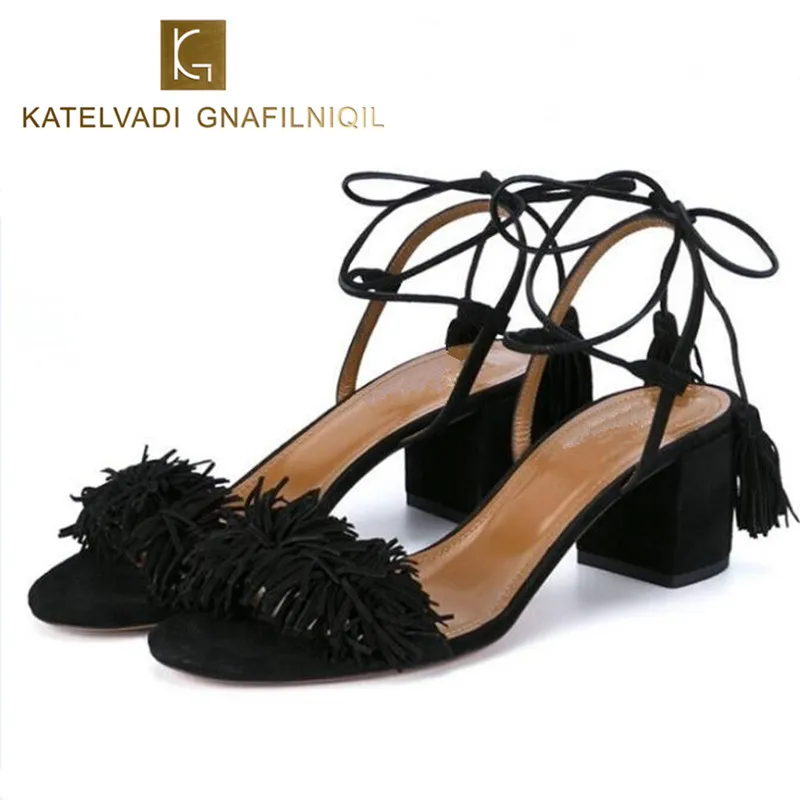 Brand Shoes Woman Flock Gladiator Sandals Women Summer Lace Up Sandals Thick Heels Fringe Summer Beach Women Sandals B-0065 fringe detail beach sandals