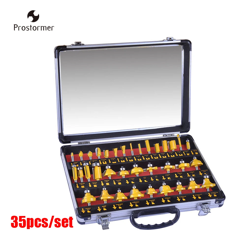 

Prostormer 35pcs 1/4" Shank Wood Carving Milling Cutter Trimming Carbide Router Bit Set Hand Tools Set Woodworking Tool