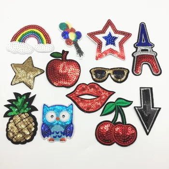 

120pcs Mixed Owl Star Cherry Sequins Iron On Sew Hot Fix Stickers Clothing Accessories Embroidered Patches Appliques DIY Badges