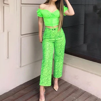 

Snake Print Loose Sexy Pants 2019 New Spring Autumn Elastic High Waist Casual Reflective Green Trousers Women Button Cargo Pants