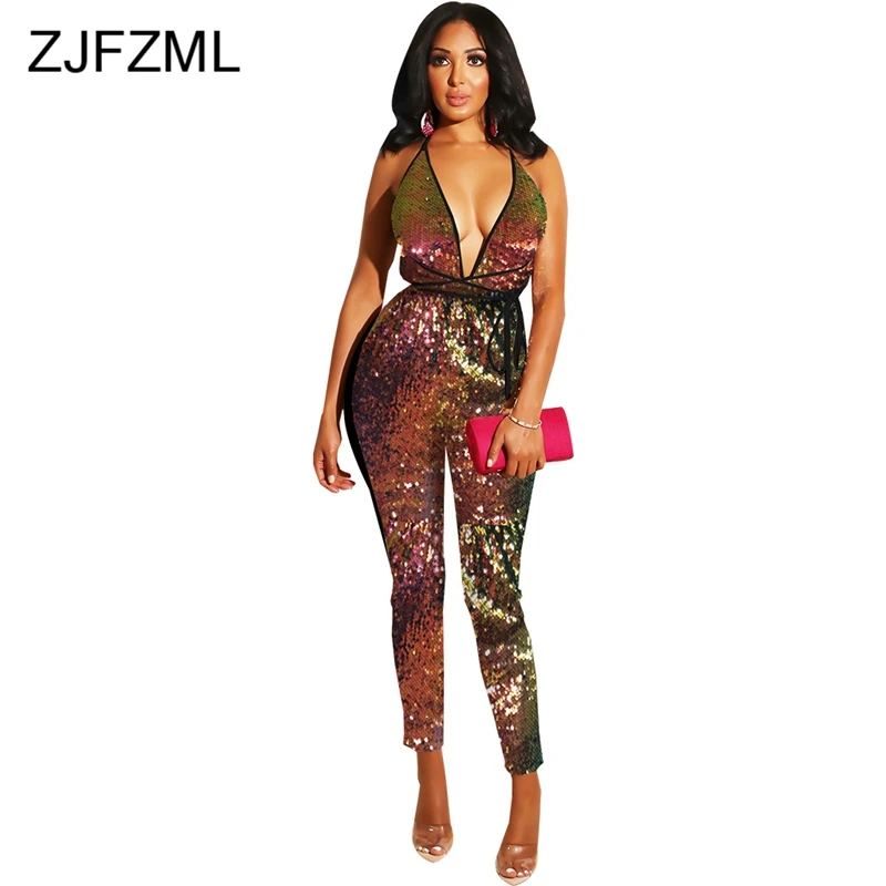 ZJFZML Sleeveless Deep V Neck Shiny Sequins Sexy Club Jumpsuits Autumn Backless Romper Women 2018 New Fashion Bodycon Overalls 