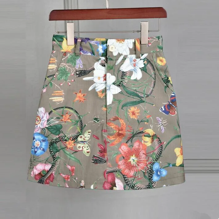 

Women Autumn Personality Pattern Butterfly Brand Runway Flora Snake Print Army Green Vintage mini Skirt