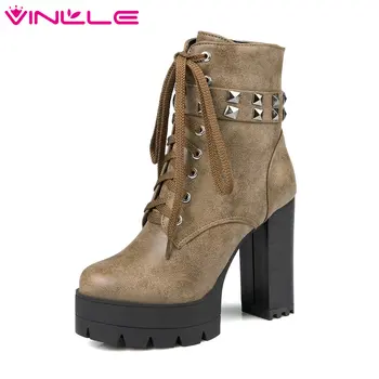 

VINLLE 2020 Women Boots Ankle Boots Square High Heel Rivet Lace Up Zipper Ladies Motorcycle Shoes Size 34-43