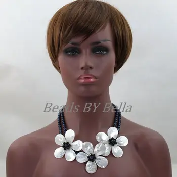 

Handmade White Shell Flower Necklace Choker Necklace Romantic Wedding Black Pearl Beads Bridal Necklace Free Shipping ABL319