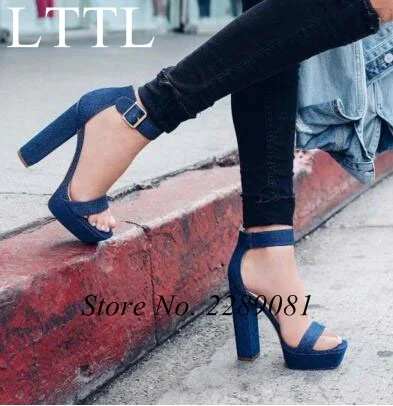 denim block heel sandals