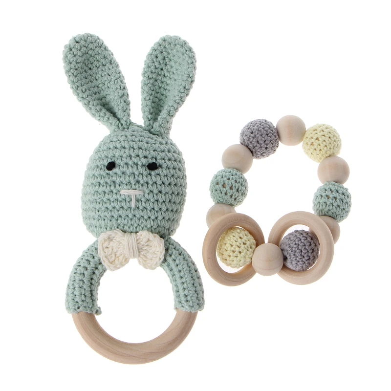 2Pcs/Set Baby Wooden Teether Bracelet Crochet Bunny Teething Ring Chewing Toy