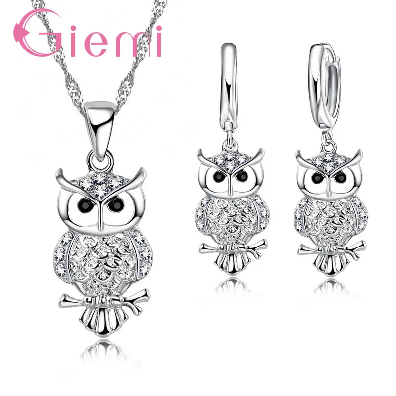 

GIEMI Original 925 Silver Jewelry Set Birthday Gift For Girl Daughther Top QUality Craft Charm Owl Pendant Necklace Earriings