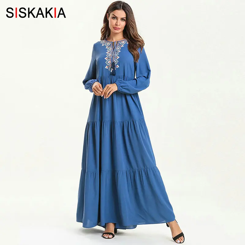 

Siskakia Multi-layer Draped Patchwork Muslim Long Dress Ramadan Solid Ethnic Geometric Embroidery Maxi Dresses Long Sleeve 2019