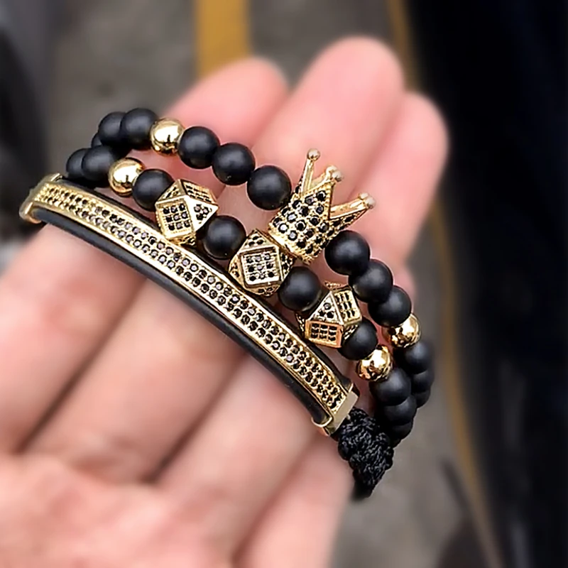 3pcs/Set Hip Hop Elastic Rope CZ Crown Bracelet Striped Black Natural Stone Beads Women Men Luxury Jewelry Pulseira Bileklik
