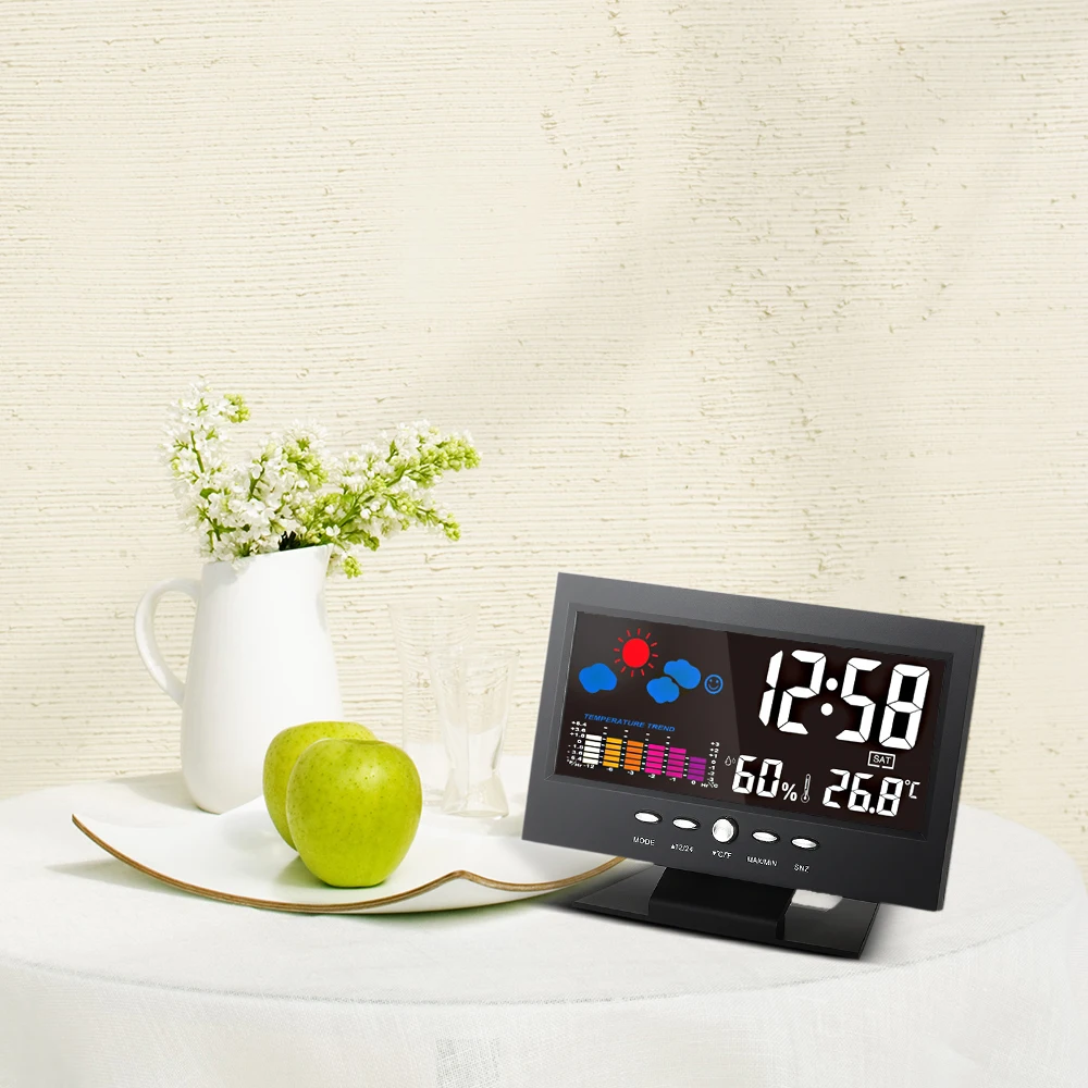 Красочные ЖК-часы-Метеостанция Цифровой термометр гигрометр Измеритель температуры и влажности календарь Vioce-активированная подсветка