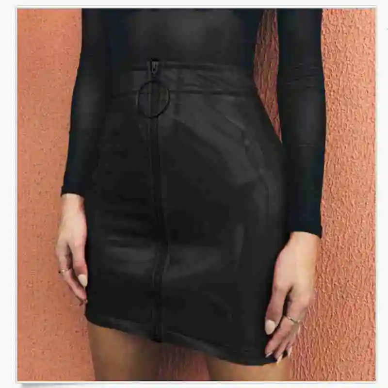 Модная женская повседневная короткая мини-юбка с высокой талией из искусственной кожи, облегающая юбка-карандаш на молнии - Цвет: Черный
