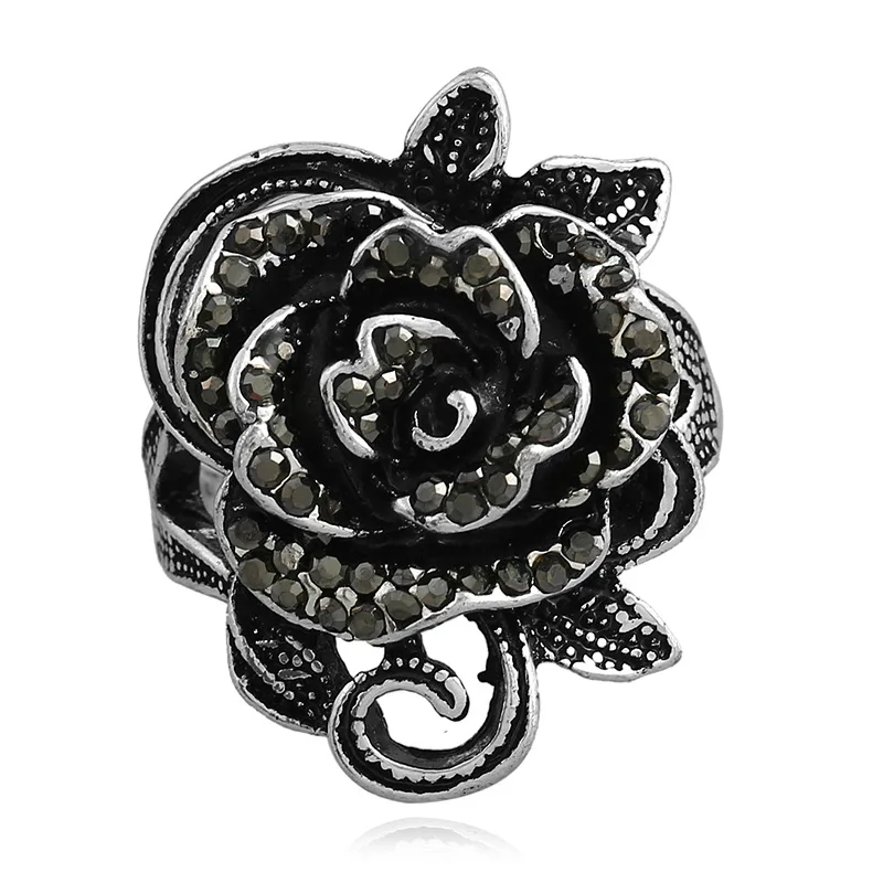 Hot Sale Fashion Jewelry Rings VINTAGE Crystal Black Rose Flower Rings Index Finger Rings For Woman Men